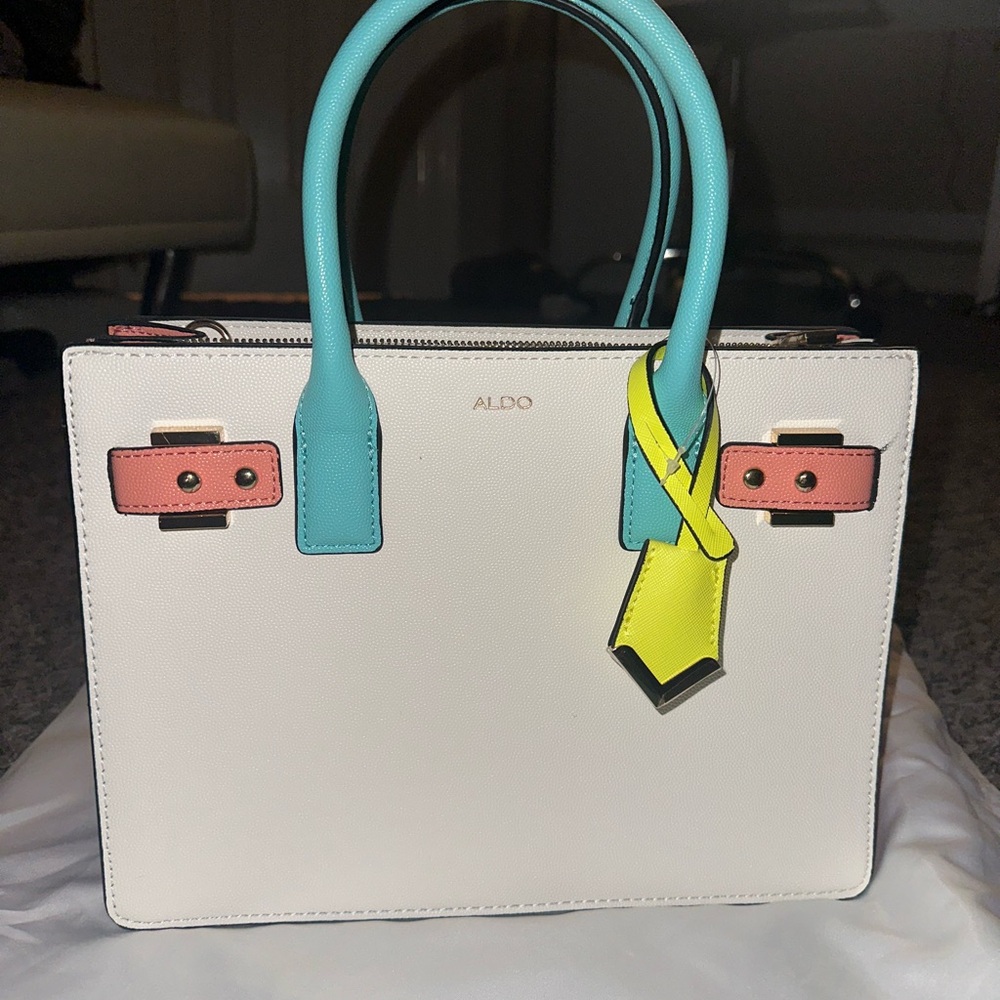 Aldo Cream Satchel with Blue and Yellow Accents